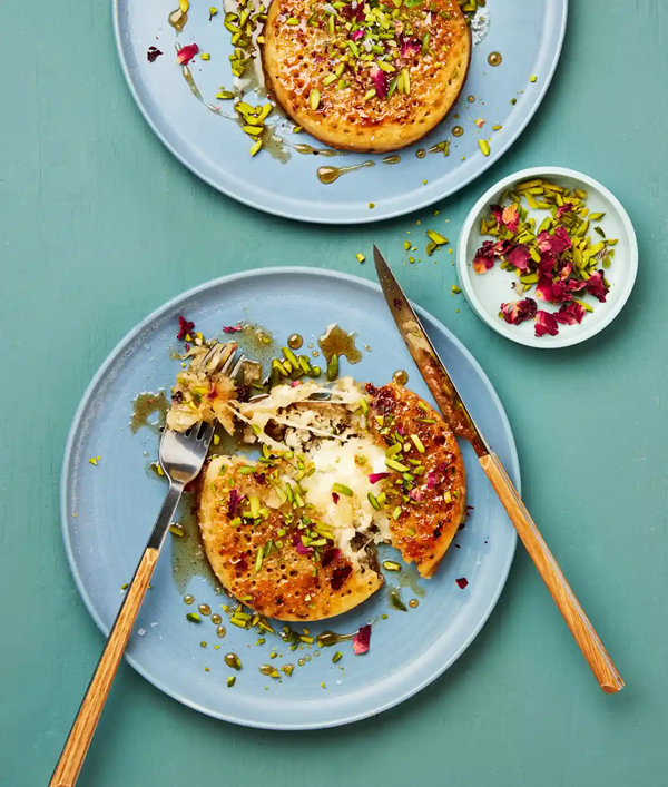 Knafeh crumpets with maple cardamom syrup
