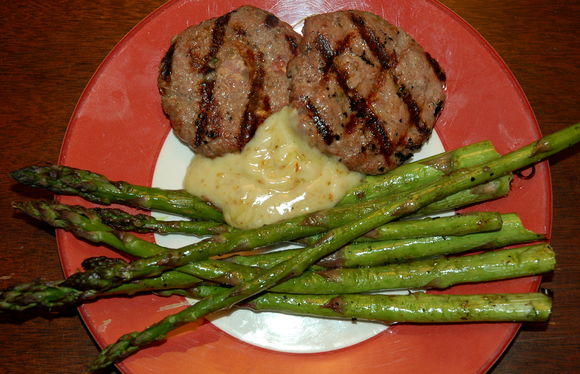 Kofta sliders and grilled asparagus with cumin-coriander aioli