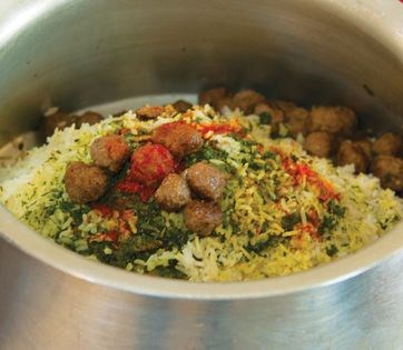 Kohlrabi + herb rice with meatballs (Kalam polow-ye Shiraz)