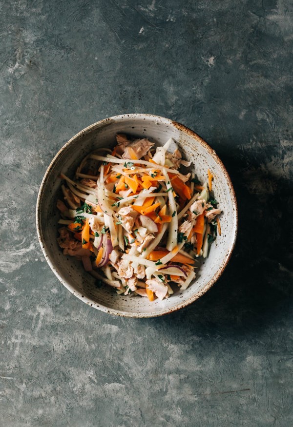 Kohlrabi and carrot slaw with smoked tuna