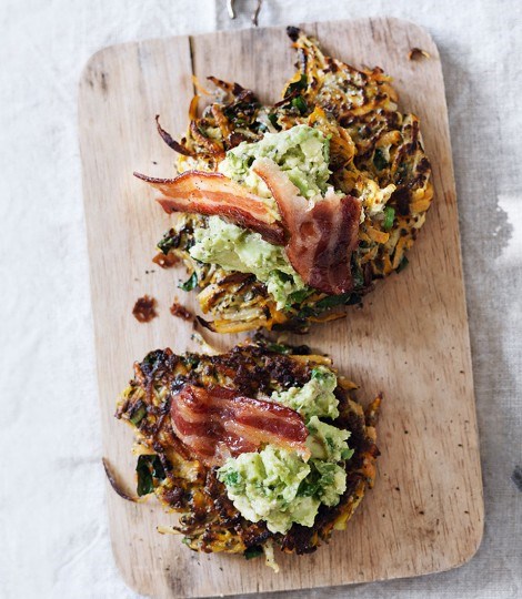 Kohlrabi and sweet potato rösti with maple bacon and lime avocado