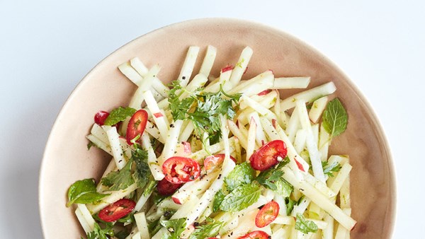 Kohlrabi, apple, and mint slaw