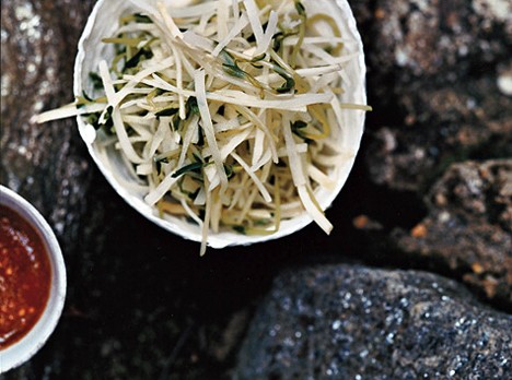 Kohlrabi slivers and pea shoots with sesame dressing
