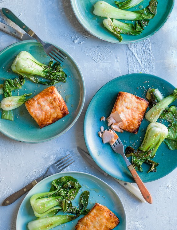 Koji-glazed salmon with sesame greens