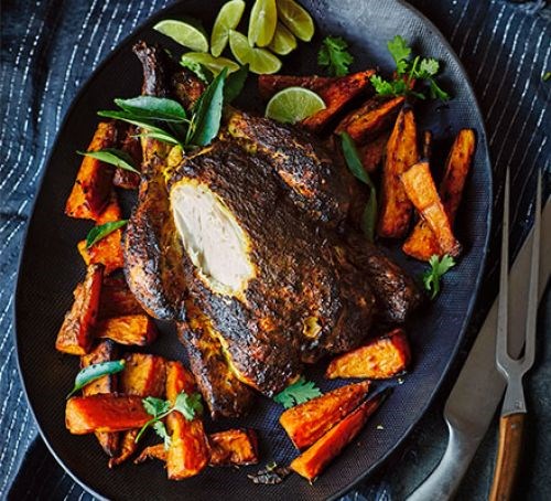 Kolhapuri spit chicken (Kala masala roast chicken)