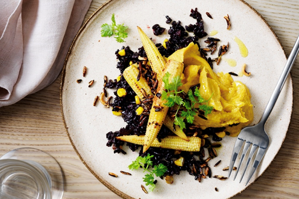 Kombu black rice, baby corn and sweetcorn puree