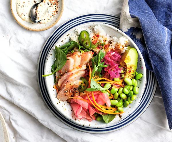 Kombu-cured kingfish poke bowl