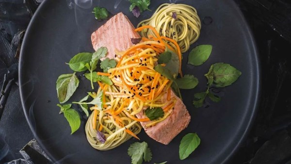 Kombu-poached salmon with pickles and herbs