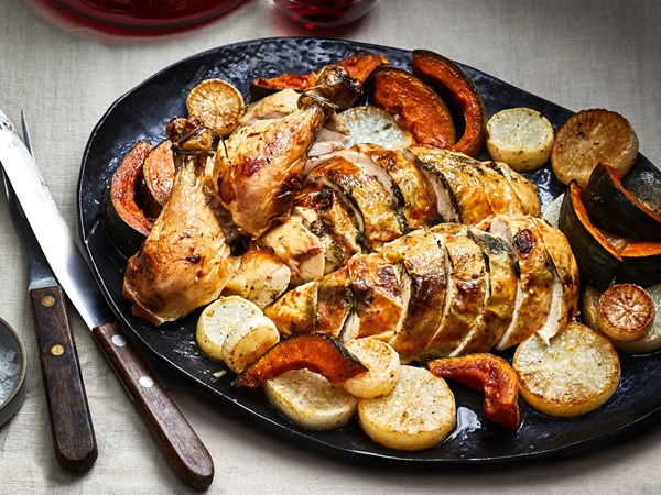 Kombu roast chicken with kabocha squash and daikon
