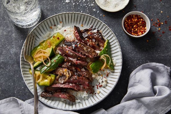 Kombucha-marinated steak with smashed cucumber salad 