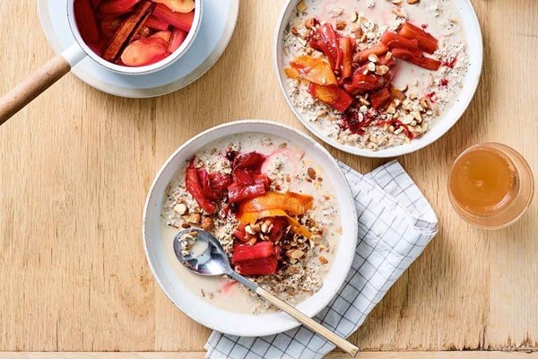 Kombucha-soaked Bircher with almonds and poached rhubarb