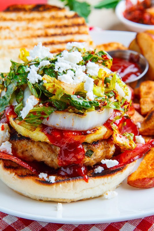 Korean BBQ chicken burgers with grilled pineapple and gochujang BBQ sauce