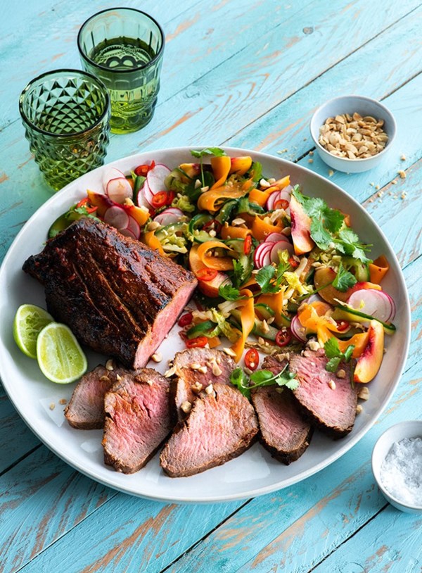 Korean beef fillet with pickled vegetable and nectarine salad