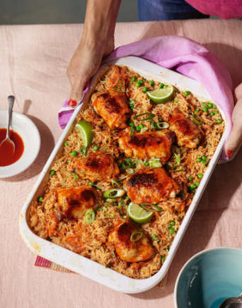 Korean chicken & kimchi rice traybake