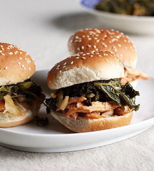 Korean chicken sliders with braised kale & kimchi