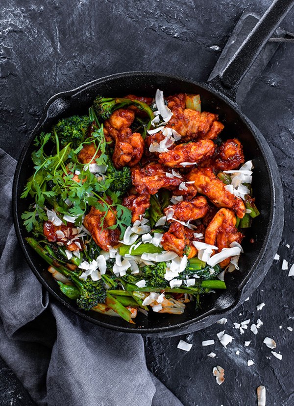 Korean chicken with spring onions and broccolini