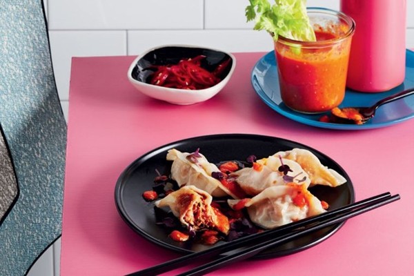 Korean dumplings with Bloody Mary hot sauce