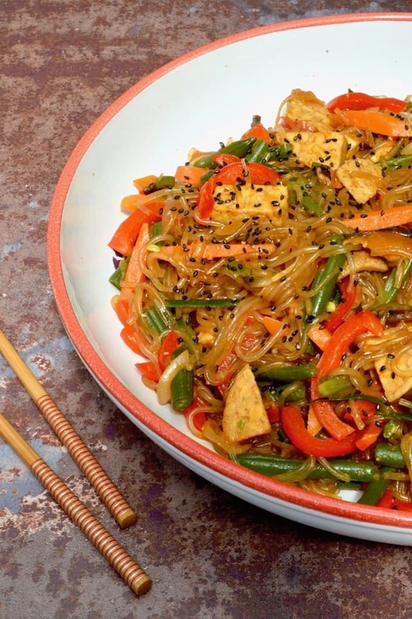 Korean glass noodles with tempeh and vegetables