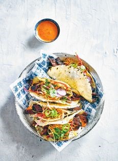 Korean grilled steak tacos with kimchee slaw