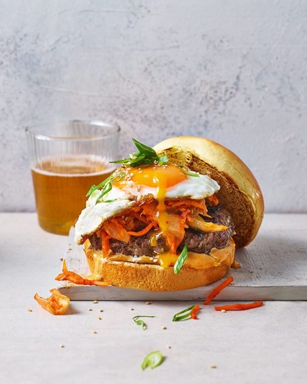 Korean-inspired kimchi and fried egg burger