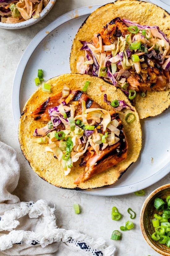 Korean-inspired salmon tacos with spicy slaw