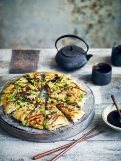 Korean pancake with sliced roots & chilli sweet & sour tamari