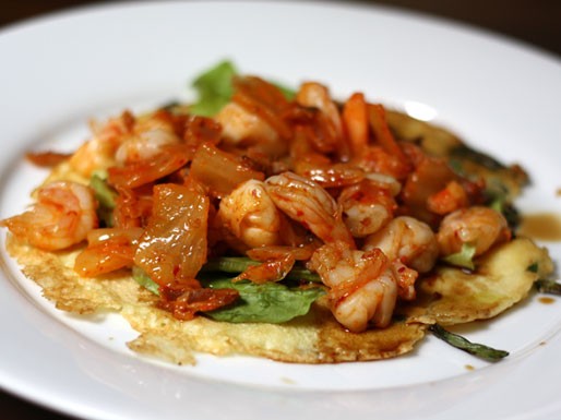 Korean scallion pancake with shrimp, bacon, and kimchi