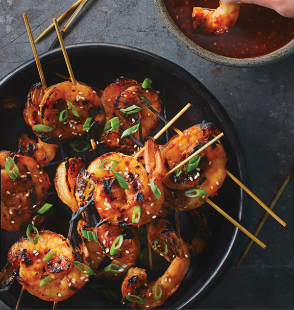 Korean shrimp skewers with honey-gochujang sauce