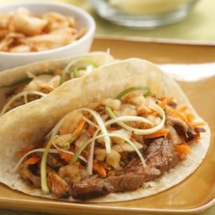 Korean steak & mushroom tacos with kimchi
