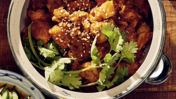Korean-style 5-minute spicy chicken with sesame-pickled cukes