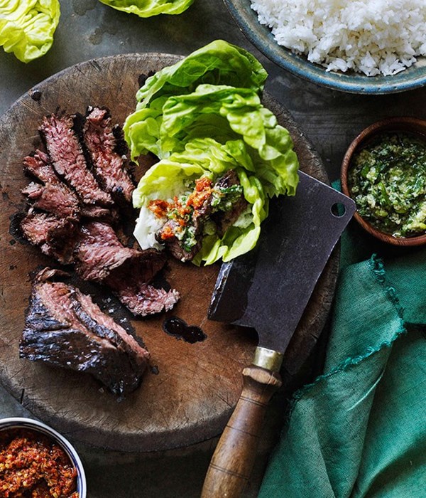 Korean-style barbecued skirt steak ssäm with ginger and spring onion sauce