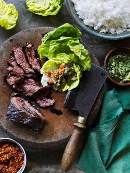 Korean-style barbecued skirt steak ssäm with ginger and spring onion sauce
