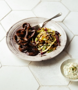 Korean-style beef heart with Asian slaw and sesame mayo