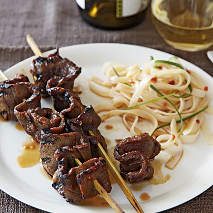 Korean-style beef skewers with rice noodles