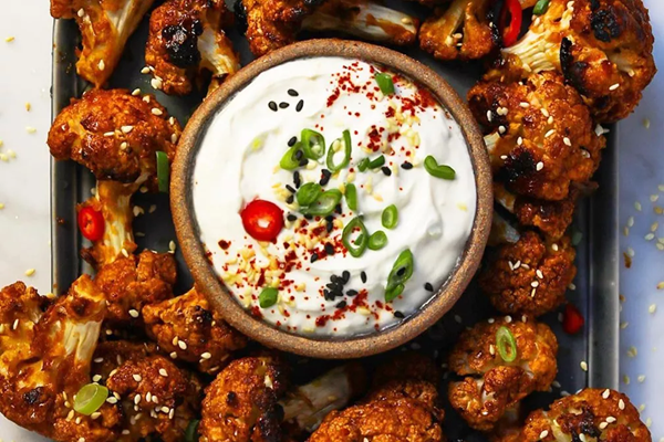Korean-style cauliflower 'wings' with creamy ginger-sesame dip