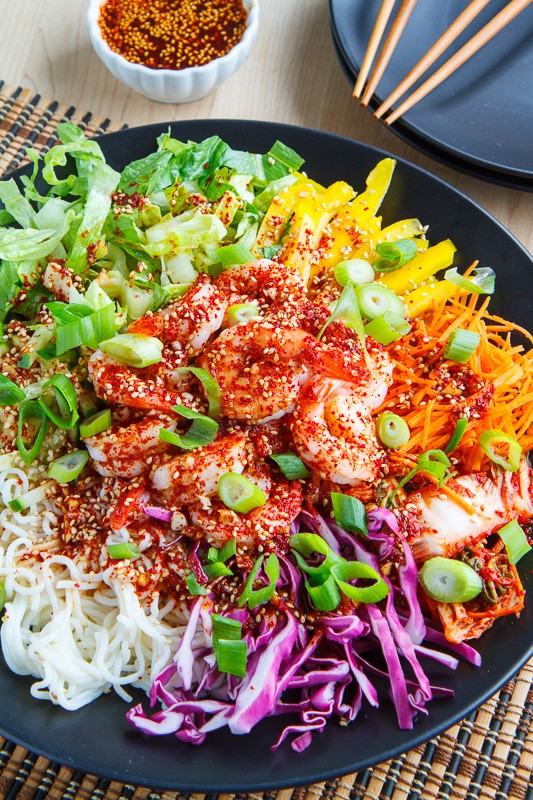 Korean style cold tofu shirataki noodle salad with shrimp