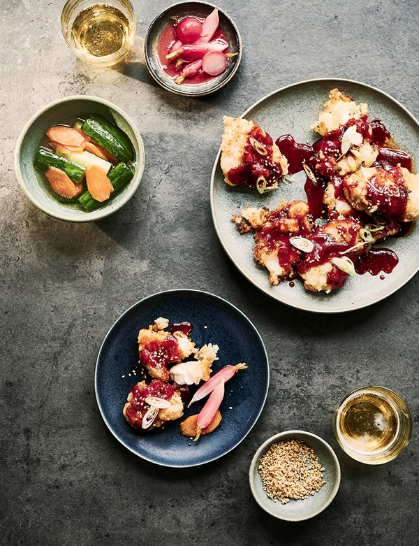 Korean-style fried monkfish with sesame pickles
