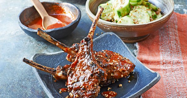 Korean-style lamb chops with spicy sesame cucumber salad