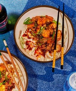 Korean-style mapo tofu over noodles