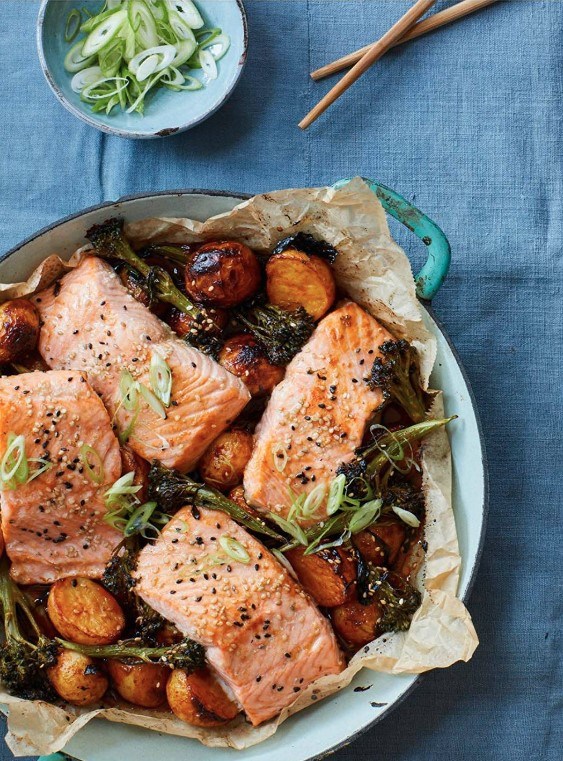 Korean-style roast salmon, sweet and spicy potatoes & tenderstem broccoli