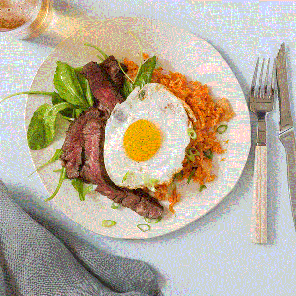 Korean-style steak and eggs with kimchee fried rice