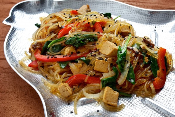 Korean-style tofu, vegetable and noodle stir-fry