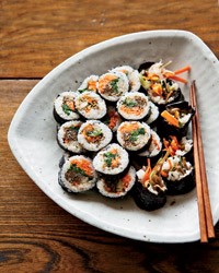 Korean sushi rolls with walnut-edamame crumble