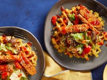 Korean waffles with BBQ tempeh vegetables 