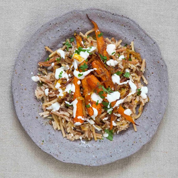 Koshari rice with roasted spiced carrots and onions