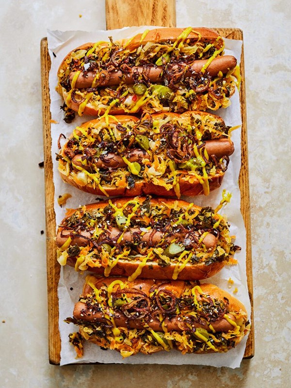 ‘Kraut hot dogs with ‘everything’ spiced shallots 