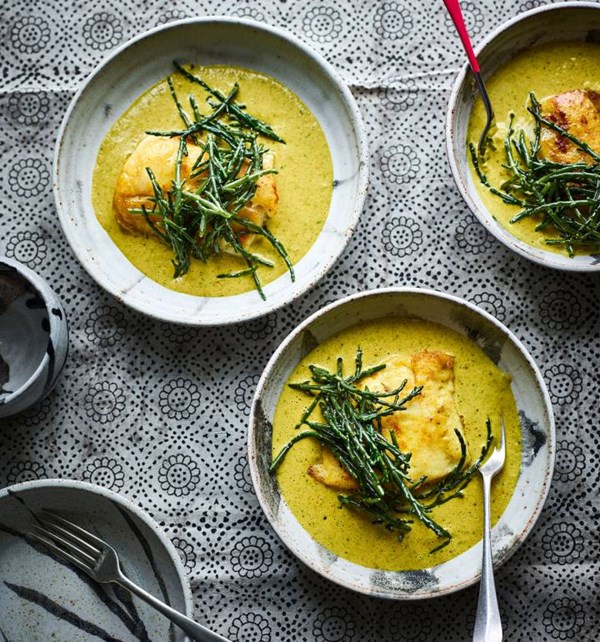 Kricket's hake with samphire and Malai sauce