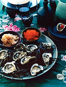 Kumamoto oysters with ponzu granita and tobiko