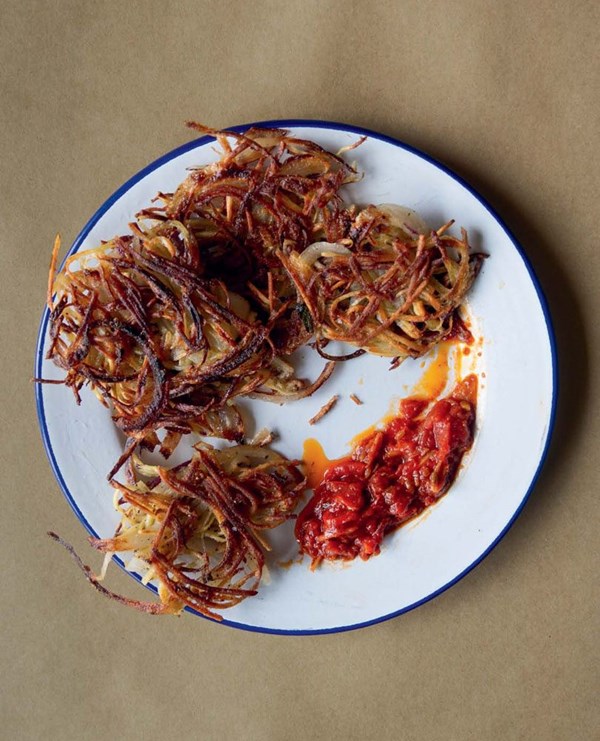 Kumara & onion fritters with spicy tomato, ginger & fennel seed chutney