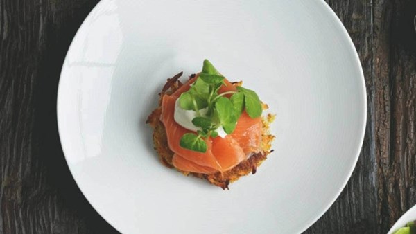 Kumara and carrot fritters with smoked salmon
